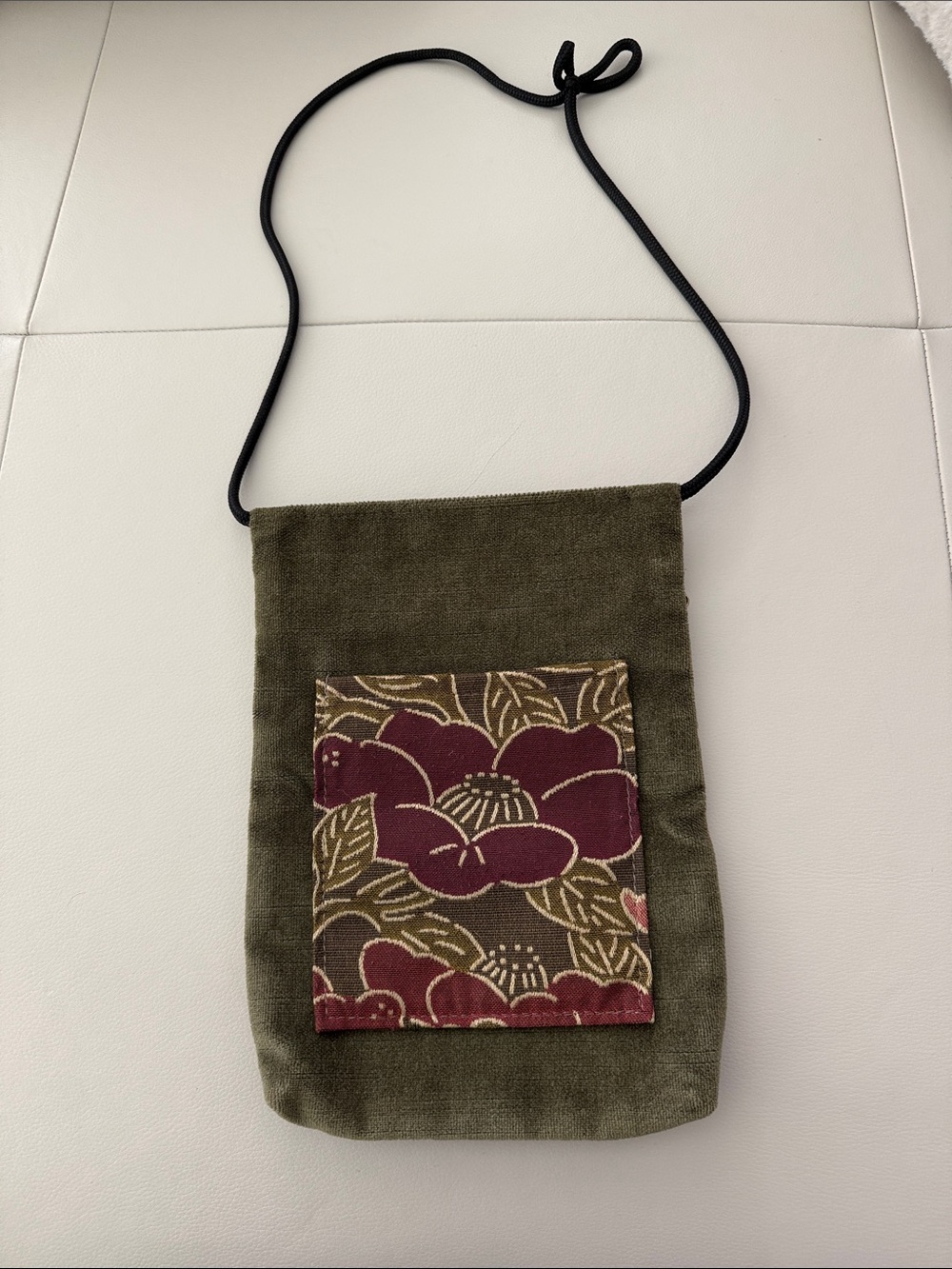Olive Green Velvet Like Texture Crossbody Bag with Tapestry Floral Pocket
